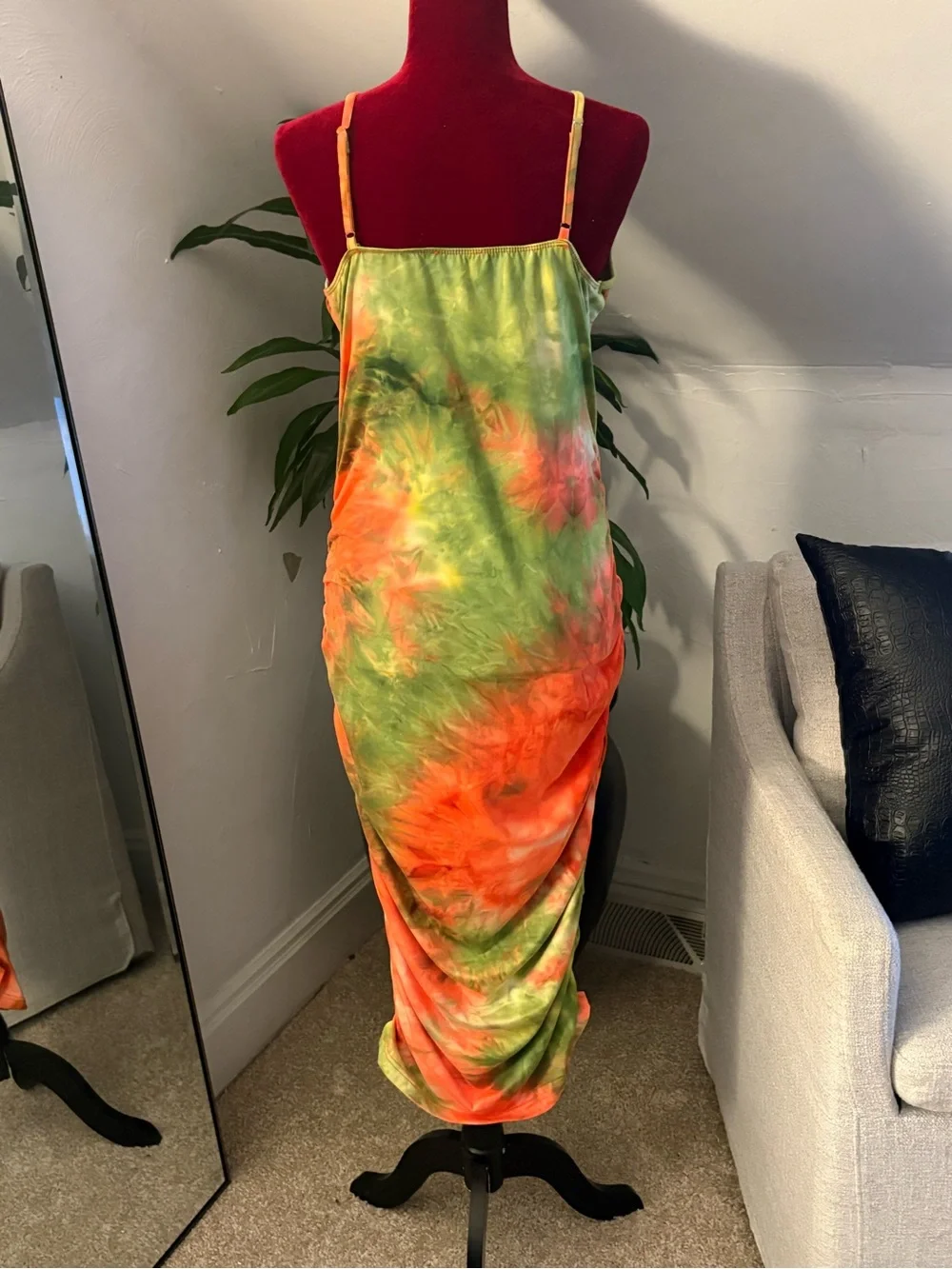Fashion Nova Tie-Dye Midi Dress in Green and Orange